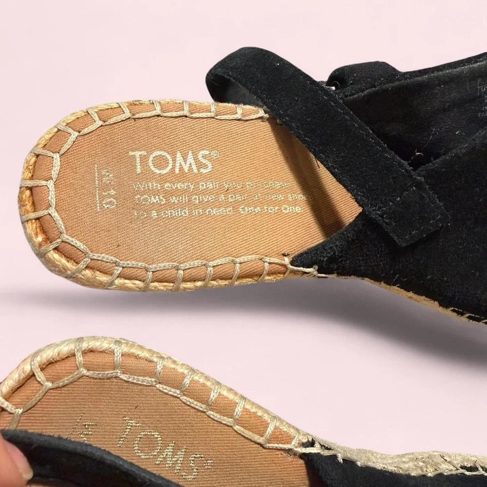 TOMS Black Suede Wedge Espadrille Sandals Women 10 Slingback Peep Toe Jute
